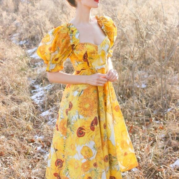 Selkie Tea Rose Dress Women’s Small Yellow Sunflower Cotton Puff Sleeve Midi - Picture 3 of 15